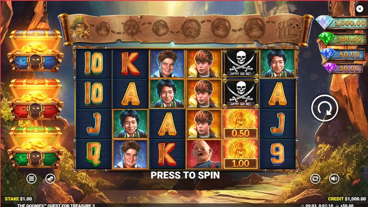 The Goonies Quest for Treasure 3 slot game interface featuring the iconic pirate treasure theme