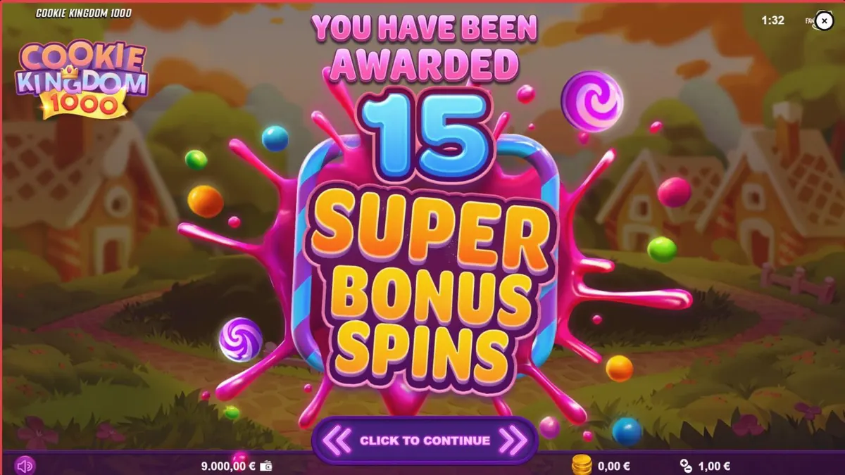 Tampilan visual permainan slot Cookie Kingdom 1000 dengan tema permen dan beruang